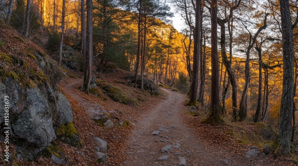 A fork in a forest path at sunset, autumn leaves and golden light. A fork in a forest path at sunset, autumn leaves and golden light.