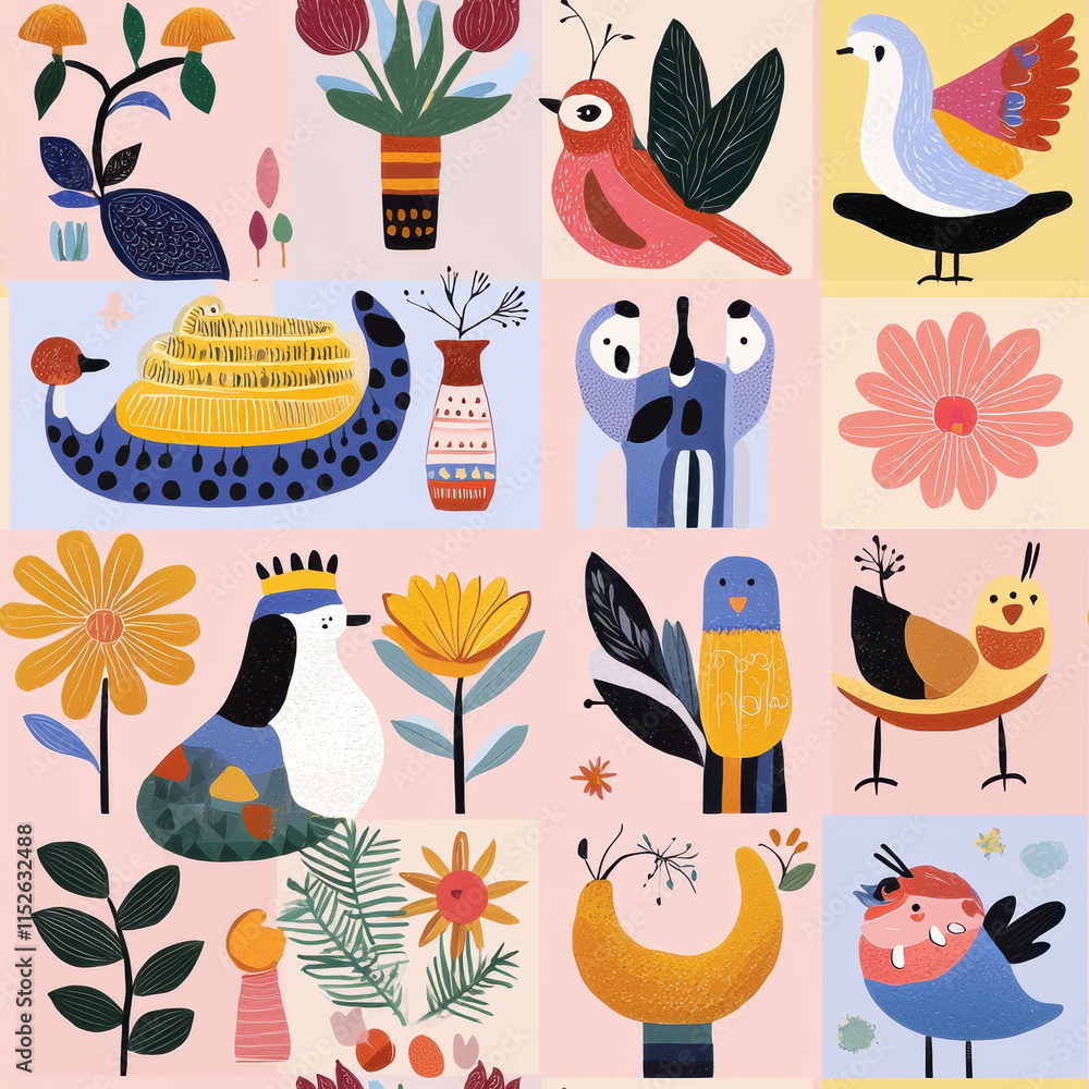 Naklejka premium Colorful seamless pattern featuring whimsical animals, flowers, and plants, showcasing playful and artistic design. Perfect for textiles, wallpapers, and home decor