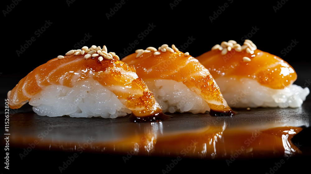 close-up of nigiri sushi with fresh bright orange salmon pieces, perfectly shaped rice with a little soy sauce on top, garnished with toasted sesame seeds, Ai generated images close-up of nigiri sushi with fresh bright orange salmon pieces, perfectly shaped rice with a little soy sauce on top, garnished with toasted sesame seeds, Ai generated images