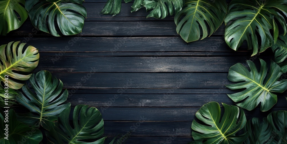 Lush green tropical leaves frame dark wooden background. Lush green tropical leaves frame dark wooden background.