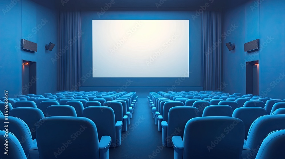 A blue movie theater with vacant seats and a white blank screen. idea of pleasure, relaxation, and a movie theater. A blue movie theater with vacant seats and a white blank screen. idea of pleasure, relaxation, and a movie theater.