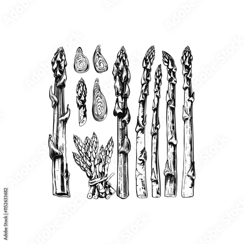 Set of Asparagus engraving design vector template