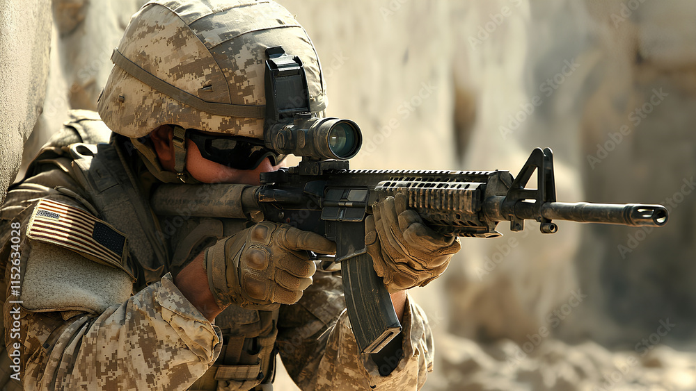 Fototapeta premium Tactical Soldier Aiming with Precision in Combat Gear