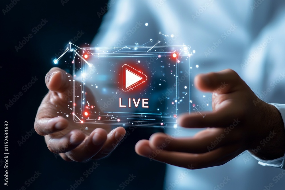 A person is holding a screen with a red play button and the word Live A person is holding a screen with a red play button and the word Live