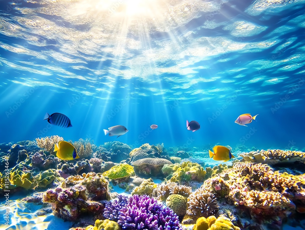 Fototapeta premium Underwater world seen from below, showcasing shimmering schools of fish and thriving marine plants
