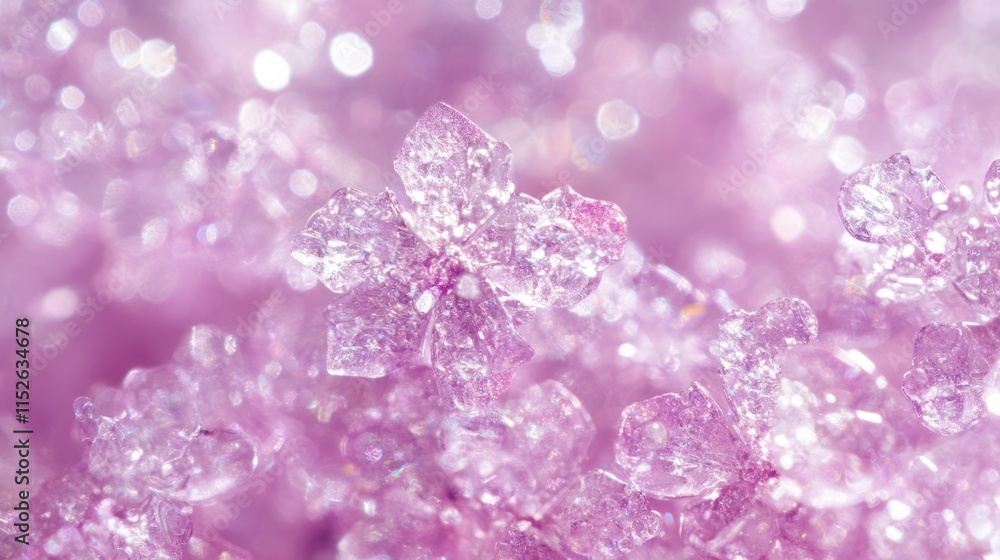Close-up of delicate, crystalline, pink flower shapes, glistening with light. Close-up of delicate, crystalline, pink flower shapes, glistening with light.