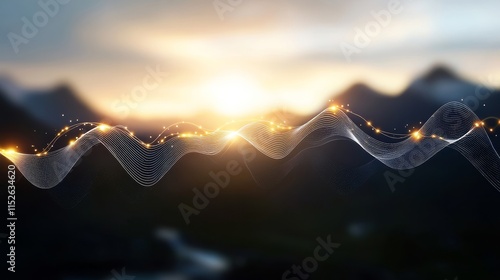 A mountain range with a sun in the sky