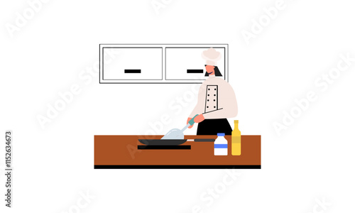 Professional chef cooks food, cooks dishes, prepares food vector illustration