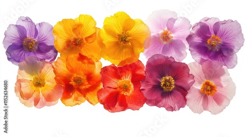 Close-up of Portulaca oleracea flowers in various colors, featuring selective focus and space for adding text or branding