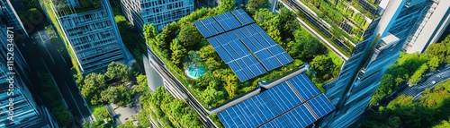 Urban exploration, solar panels on rooftops, futuristic transportation systems, lush parks integrated into architecture, a harmony of nature and innovation photo