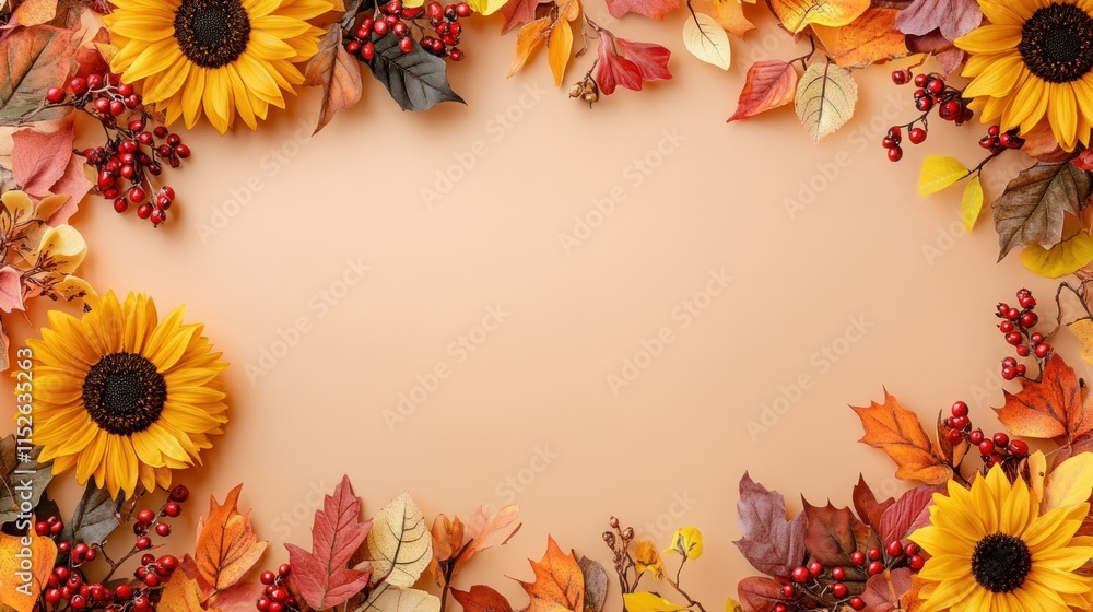 Obraz premium Autumnal frame with sunflowers, leaves, and berries on beige background.