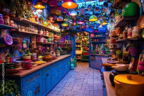 Wide-angle view of a magical kitchen, enchanted ingredients floating, vibrant colors radiating photo