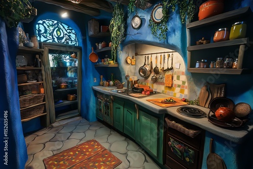 Wide-angle view of a magical kitchen, enchanted ingredients floating, vibrant colors radiating photo