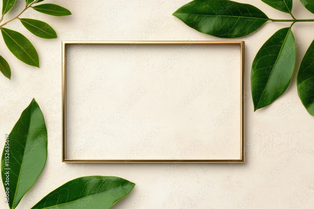 A gold frame with a white background and a leafy green background A gold frame with a white background and a leafy green background