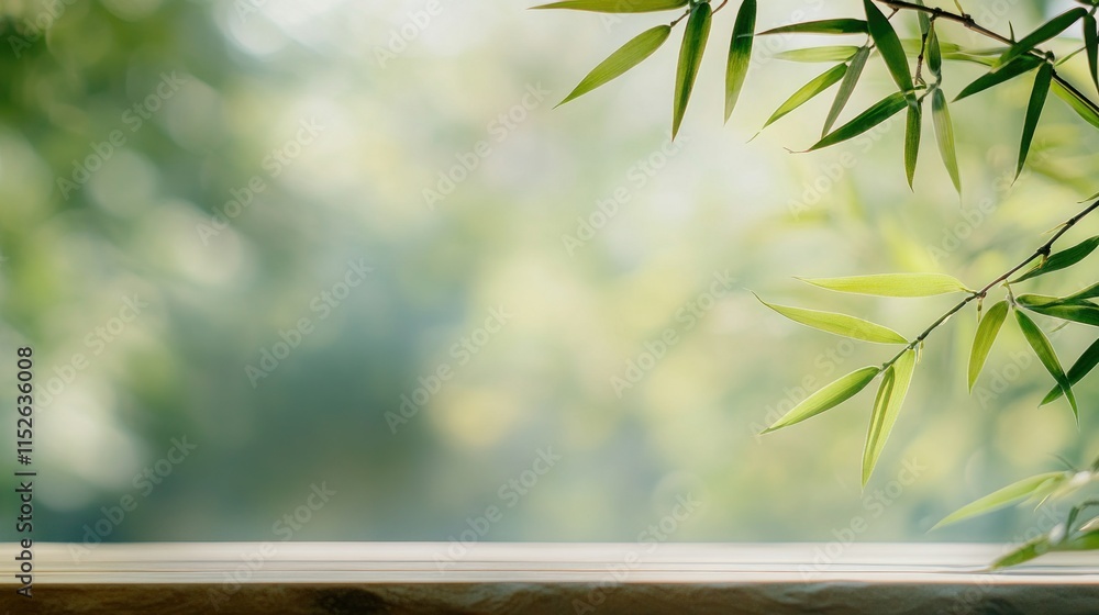 Obraz premium Wooden table with bamboo leaves and blurred green background.