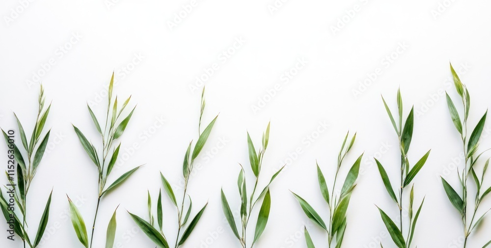 Fototapeta premium Green leaves arranged on white background.