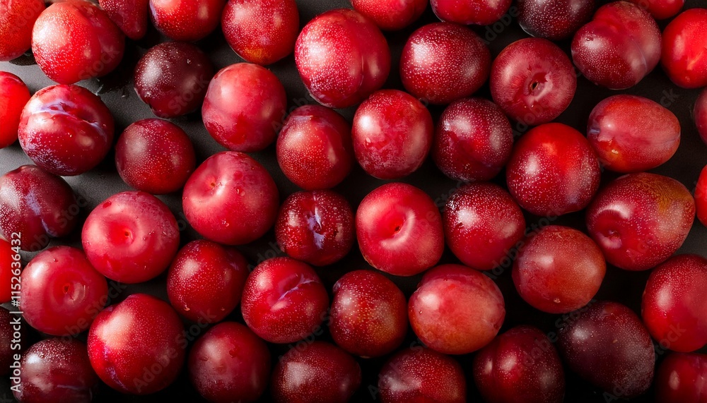 Flat Lay Top View of Bright Ripe Fragrant Red Plum Fruit as Background Flat Lay Top View of Bright Ripe Fragrant Red Plum Fruit as Background