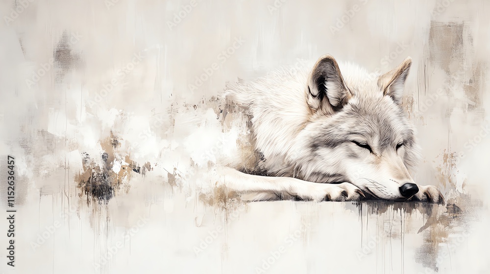 Fototapeta premium A serene white wolf resting peacefully against a soft, muted backdrop, capturing the beauty of nature's wild spirit.