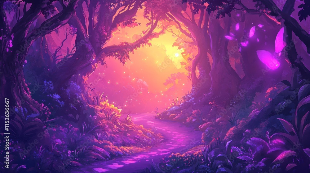 Obraz premium Magical sunset path through vibrant purple forest.