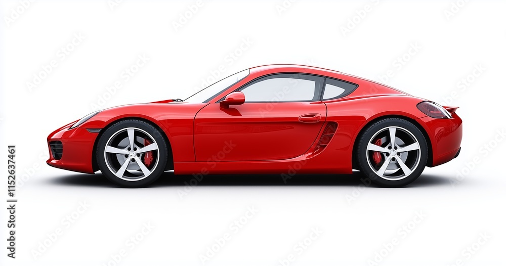Red sports car side view isolated on white background showcasing sleek and aerodynamic design. Red sports car side view isolated on white background showcasing sleek and aerodynamic design.