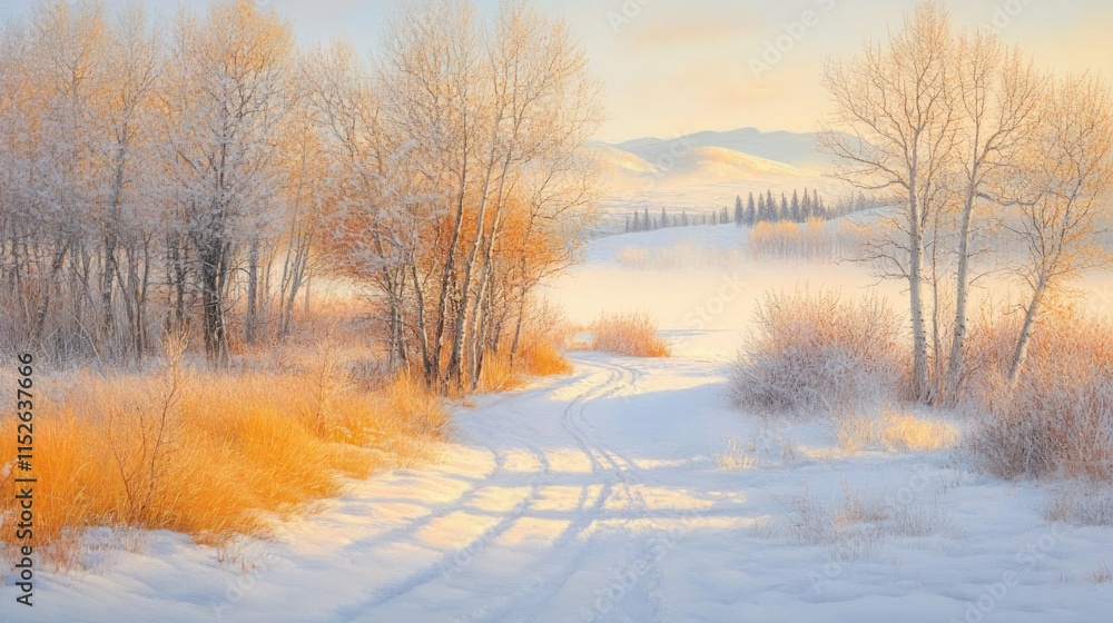 Snowy winter landscape with sunlit trees and path. Snowy winter landscape with sunlit trees and path.