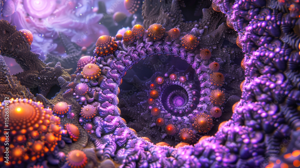 Fototapeta premium Mysterious and elegant fractal spiral background in deep purple, orange, and black tones