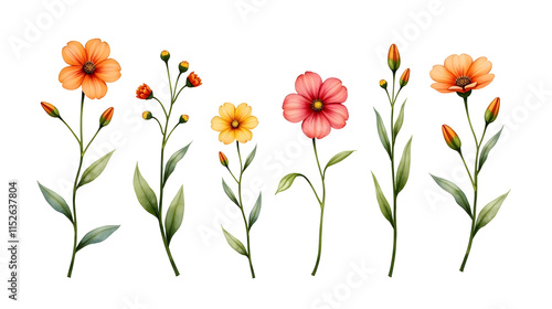 Wallpaper Mural Elegant watercolor floral stems: five blossoms in vibrant hues against a stark black backdrop. Delicate petals, lush green leaves, and budding flowers., cut out Torontodigital.ca