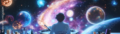 Person gazing at a breathtaking cosmic scene filled with vibrant nebulae, planets, and stars. A mesmerizing display of space exploration and wonder.