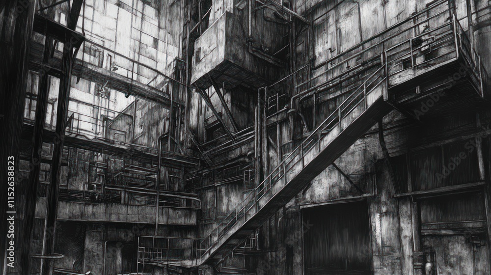 A detailed, industrial interior showcasing metal structures and staircases in a desolate setting. A detailed, industrial interior showcasing metal structures and staircases in a desolate setting.
