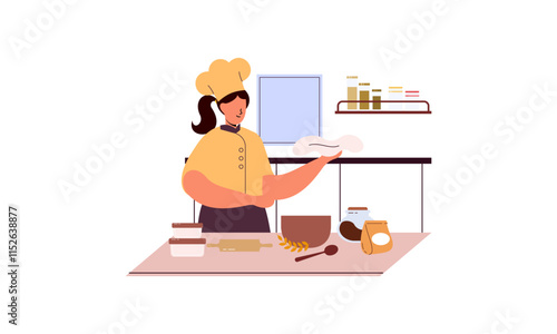 Professional chef cooks food, cooks dishes, prepares food vector illustration