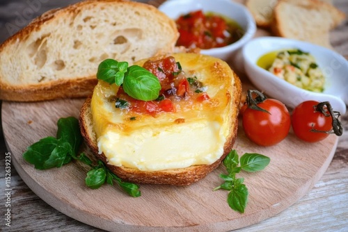 Gebackener Käse mit Antipasti und Weißbrot photo