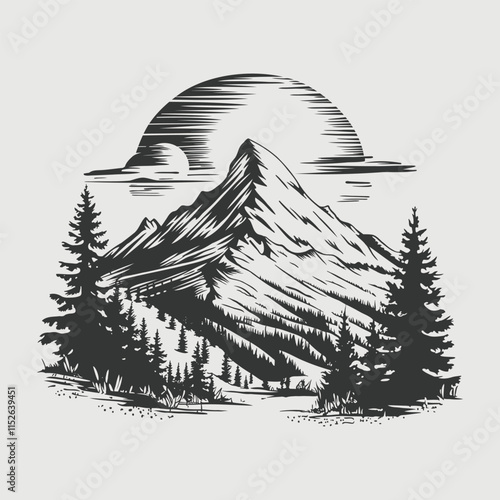 Majestic Mountain Peak with Forest and Sun Illustration