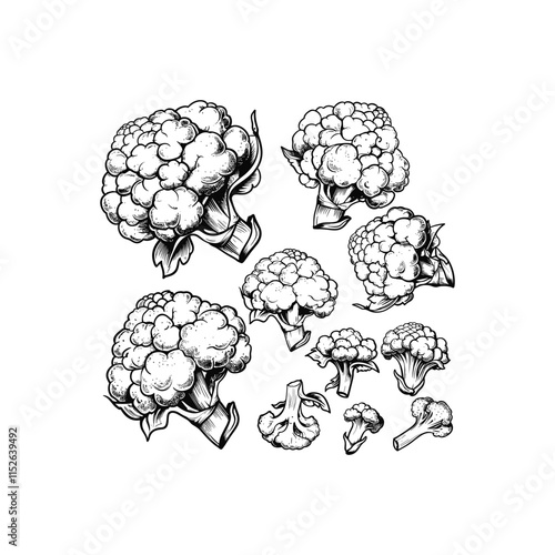 Set of cauliflower engraving design vector template