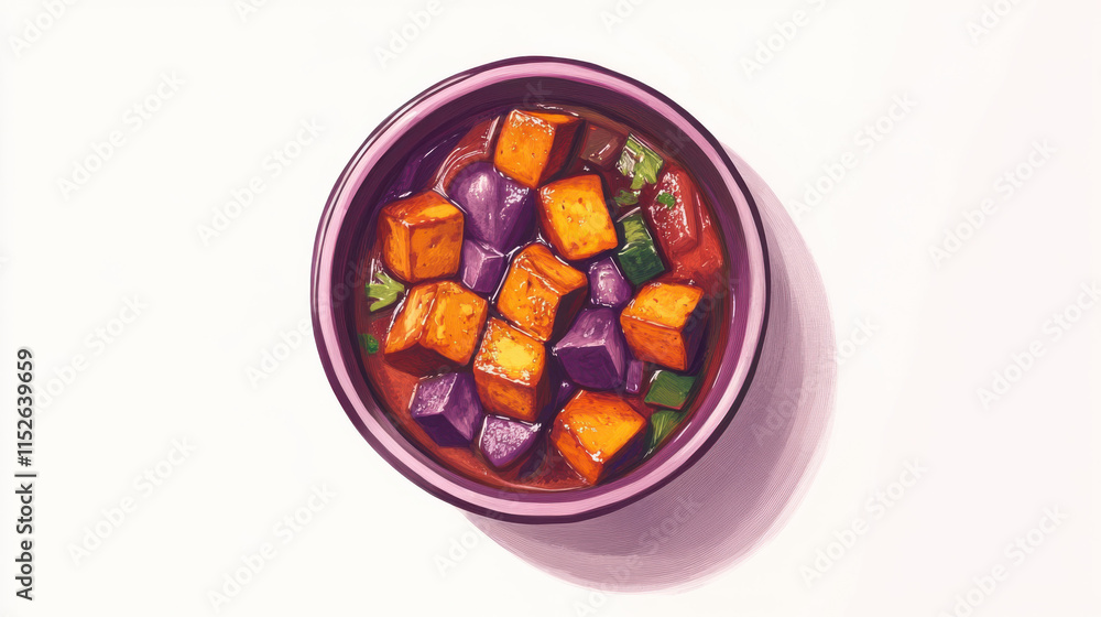 A colorful rendition of a spicy tofu stew, with shades of vibrant orange and purple, featuring rich textures and a bold artistic flair. The dish is centered and highlighted on a clean white background A colorful rendition of a spicy tofu stew, with shades of vibrant orange and purple, featuring rich textures and a bold artistic flair. The dish is centered and highlighted on a clean white background