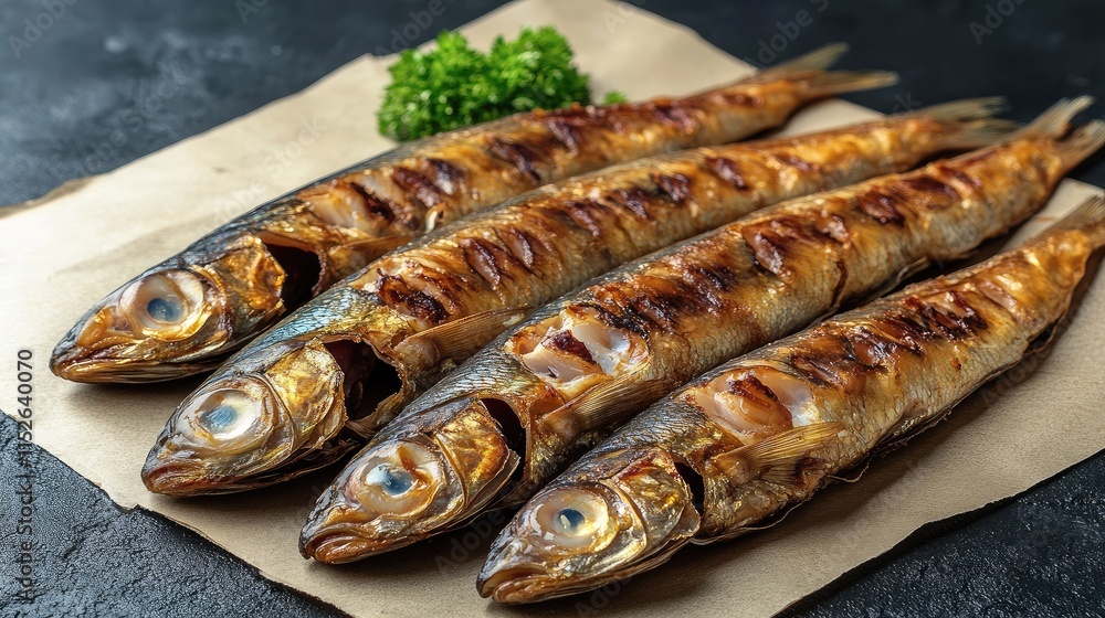 Diagonally placed raw small sprats on paper, dark black cement backdrop, with a focus on natural texture and plenty of space for copy or design Diagonally placed raw small sprats on paper, dark black cement backdrop, with a focus on natural texture and plenty of space for copy or design