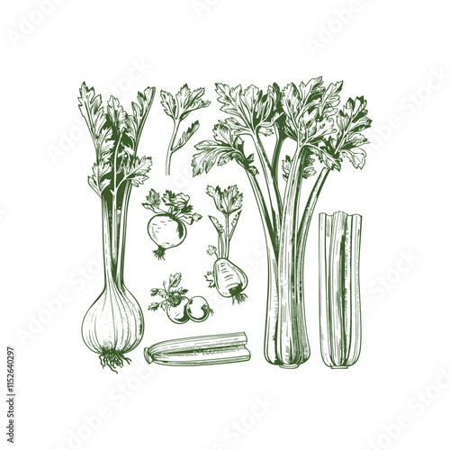 Set of celery engraving design vector template