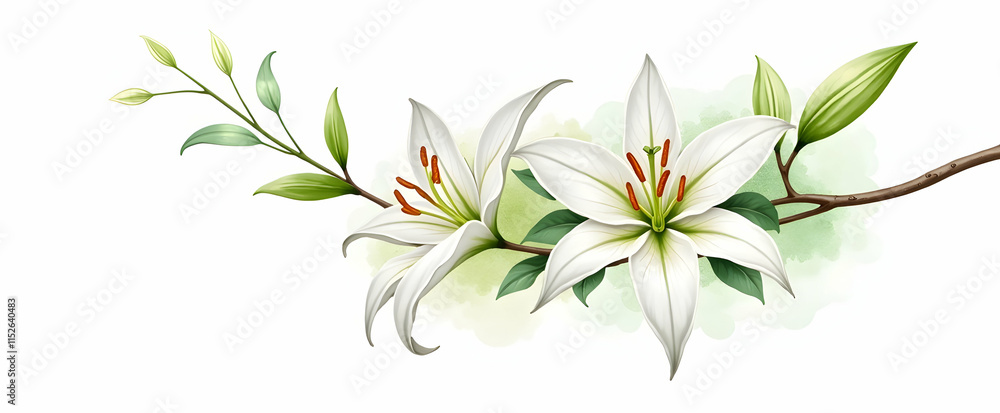 Obraz premium Pure white lilies gracefully bloom, their petals unfurling in serene beauty against a soft, watercolor-like green backdrop. A delicate portrayal of nature's elegance.