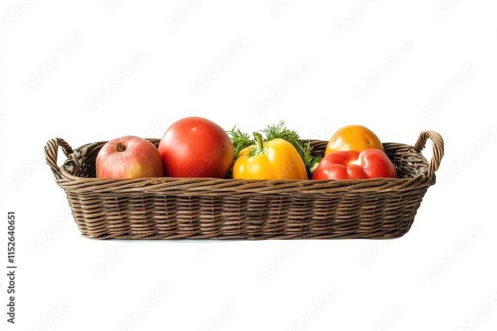 Ripe tomatoes, bell peppers, and apple in a rustic wicker basket. Ripe tomatoes, bell peppers, and apple in a rustic wicker basket.