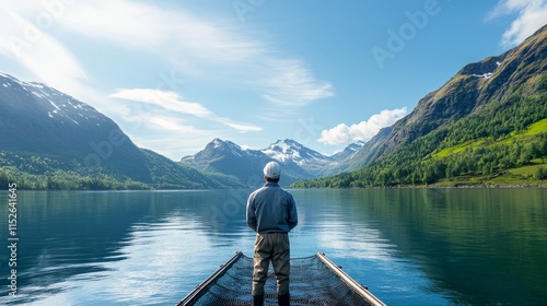 A man stands on a boat in the middle of a lake