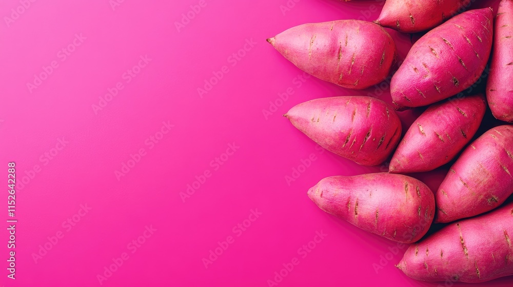 Fresh sweet potatoes arranged on a bright, bold background, leaving ample copy space for adding your message or logo Fresh sweet potatoes arranged on a bright, bold background, leaving ample copy space for adding your message or logo