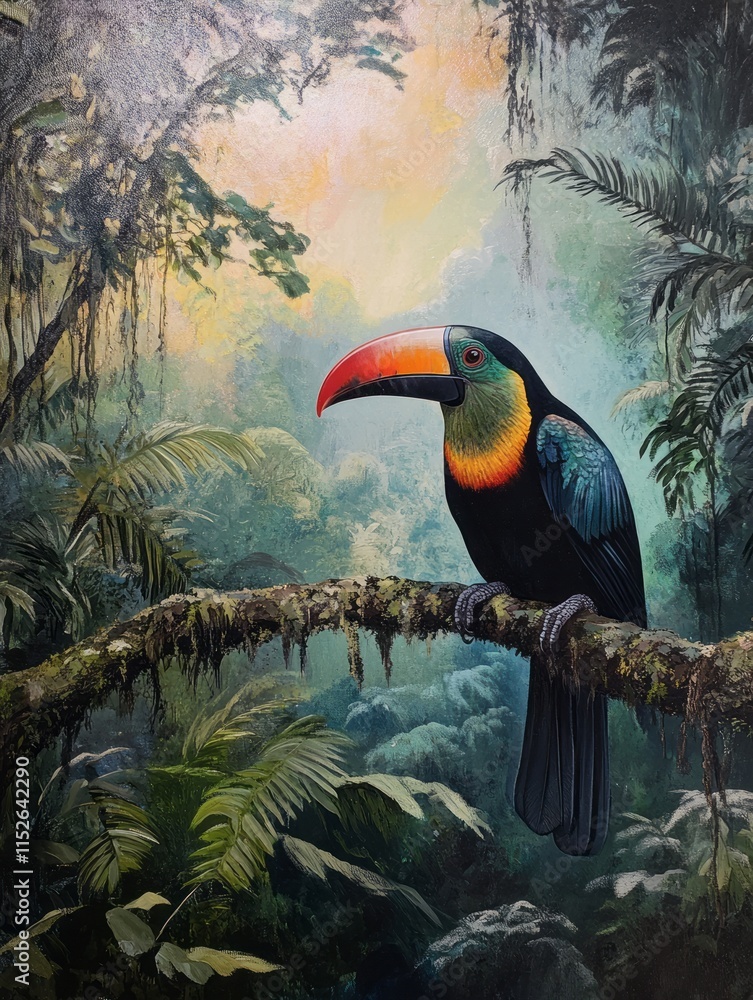 Obraz premium A Vibrant Toucan Perched on a Branch in a Lush Rainforest