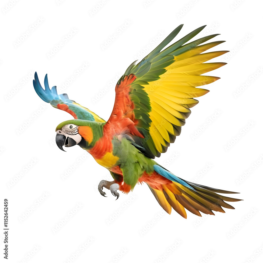 Obraz premium Flying parrot with a vibrant coloration isolated on white background