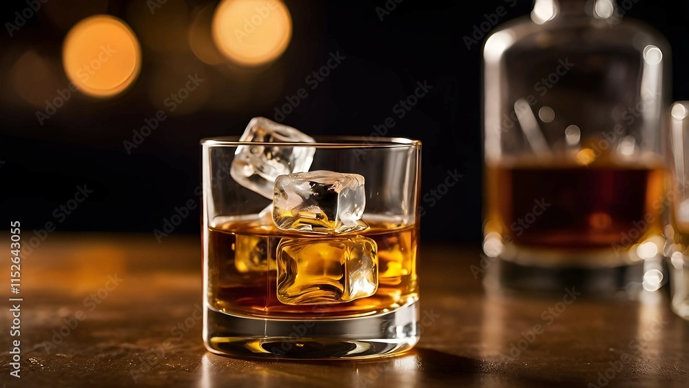 Glass of Whiskey with Ice on Bar Glass of Whiskey with Ice on Bar