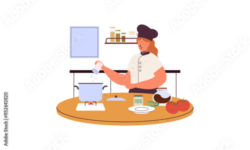 Professional chef cooks food, cooks dishes, prepares food vector illustration