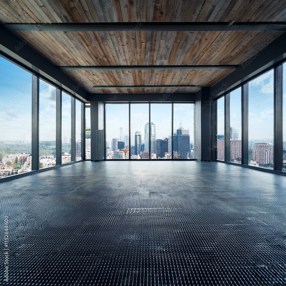 Fototapeta premium Empty room with window - Empty loft room with big window in floor and city view