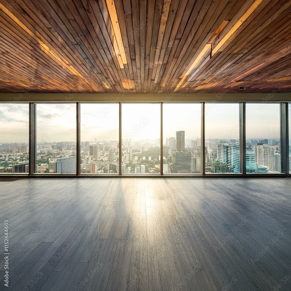 Fototapeta premium Empty room with window - Empty loft room with big window in floor and city view