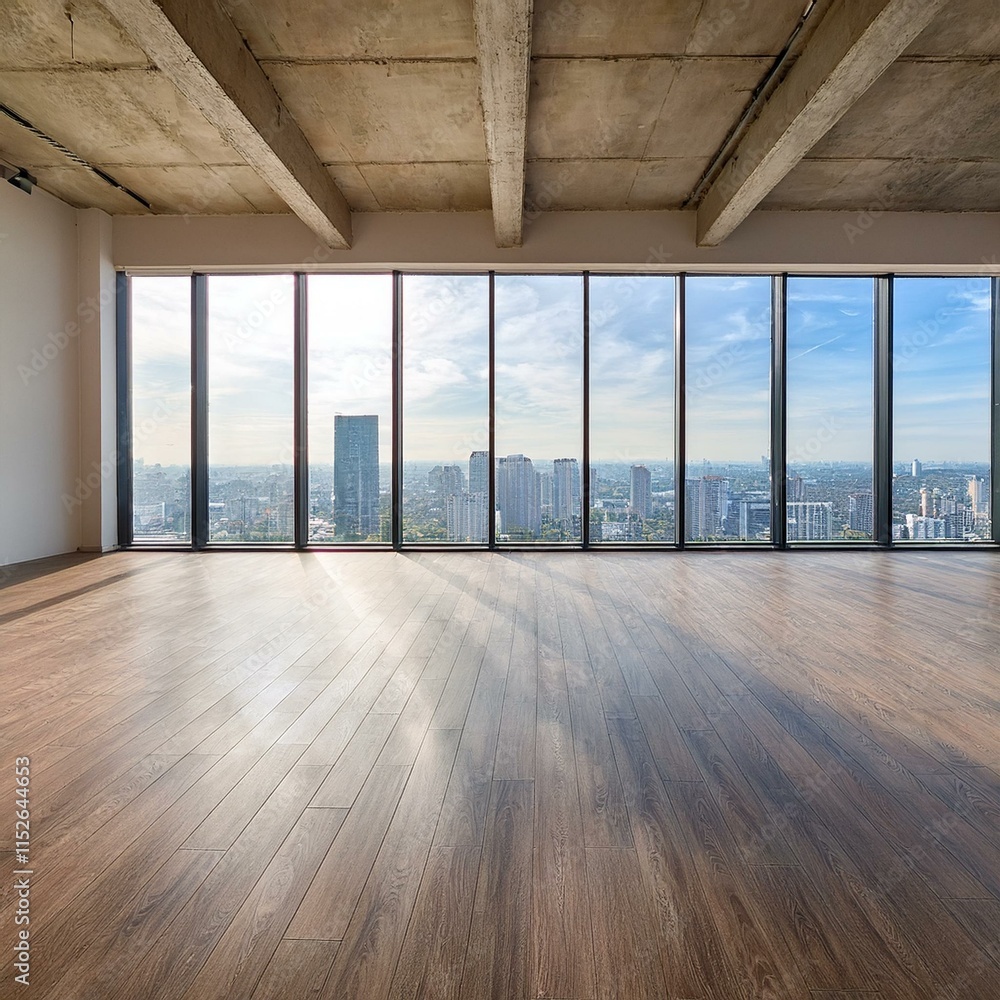 Fototapeta premium Empty room with window - Empty loft room with big window in floor and city view