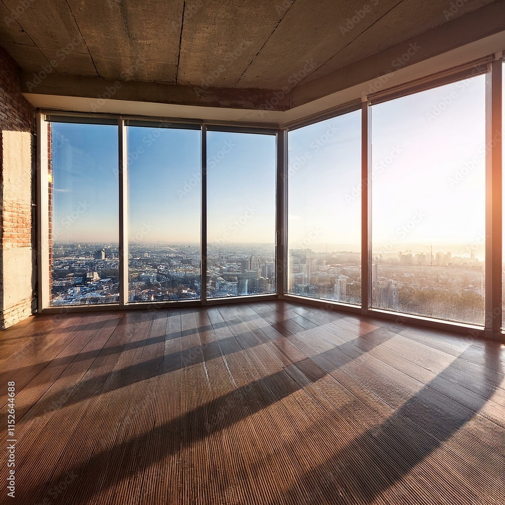 Fototapeta premium Empty room with window - Empty loft room with big window in floor and city view