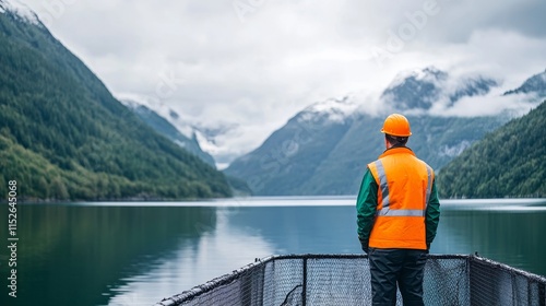 A man in an orange vest stands on a boat looking out at a lake
