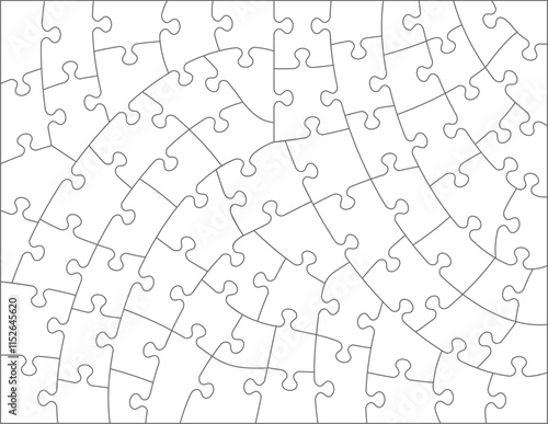 Jigsaw puzzle blank template with various irregular hand-cut style transparent pieces. 